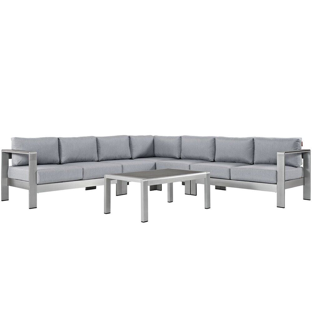 Shore 6 Piece Outdoor Patio Aluminum Sectional Sofa Set in Silver Gray by Modway