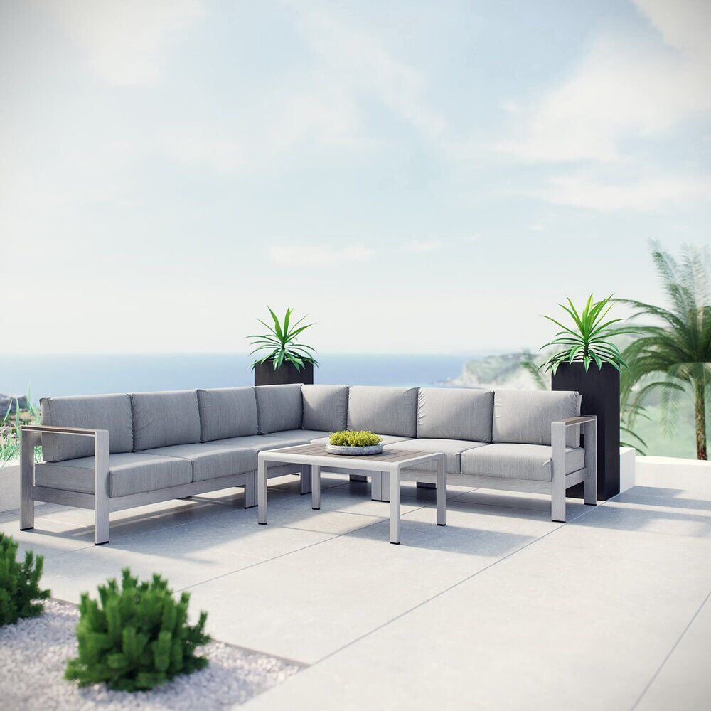 Shore 6 Piece Outdoor Patio Aluminum Sectional Sofa Set in Silver Gray by Modway - Image 7