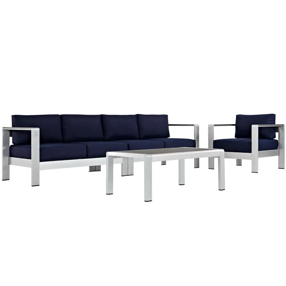 Shore 4 Piece Outdoor Patio Aluminum Sectional Sofa Set in Silver Navy by Modway