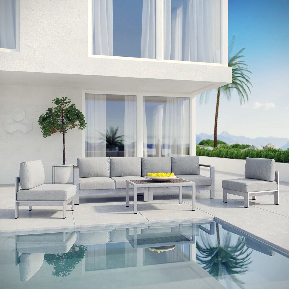 Shore 5 Piece Outdoor Patio Aluminum Sectional Sofa Set in Silver Gray by Modway - Image 6