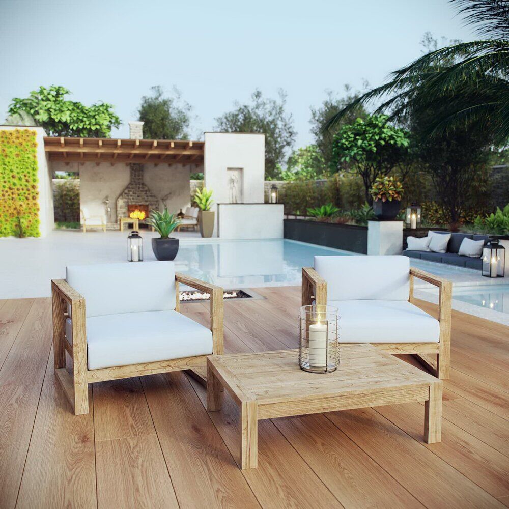 Upland 3 Piece Outdoor Patio Teak Set in Natural White by Modway - Image 8