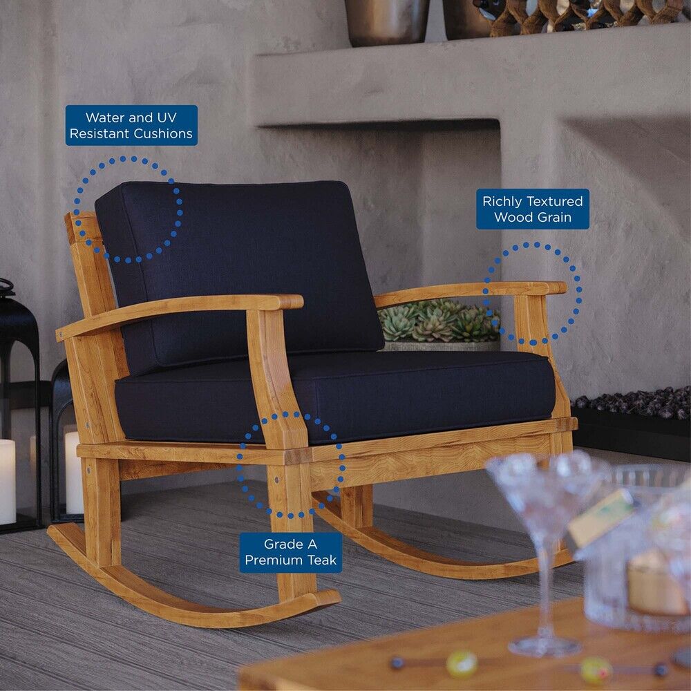 Marina Outdoor Patio Teak Rocking Chair in Natural Navy by Modway - Image 7