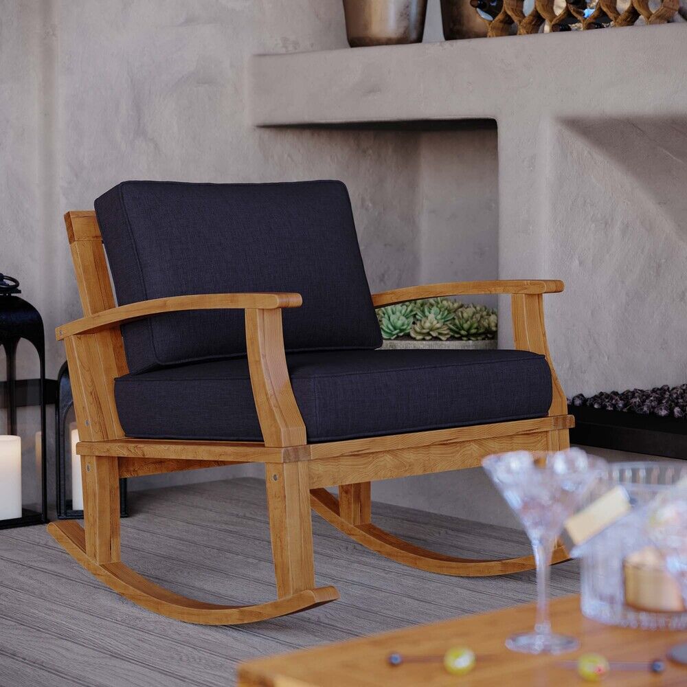Marina Outdoor Patio Teak Rocking Chair in Natural Navy by Modway - Image 8