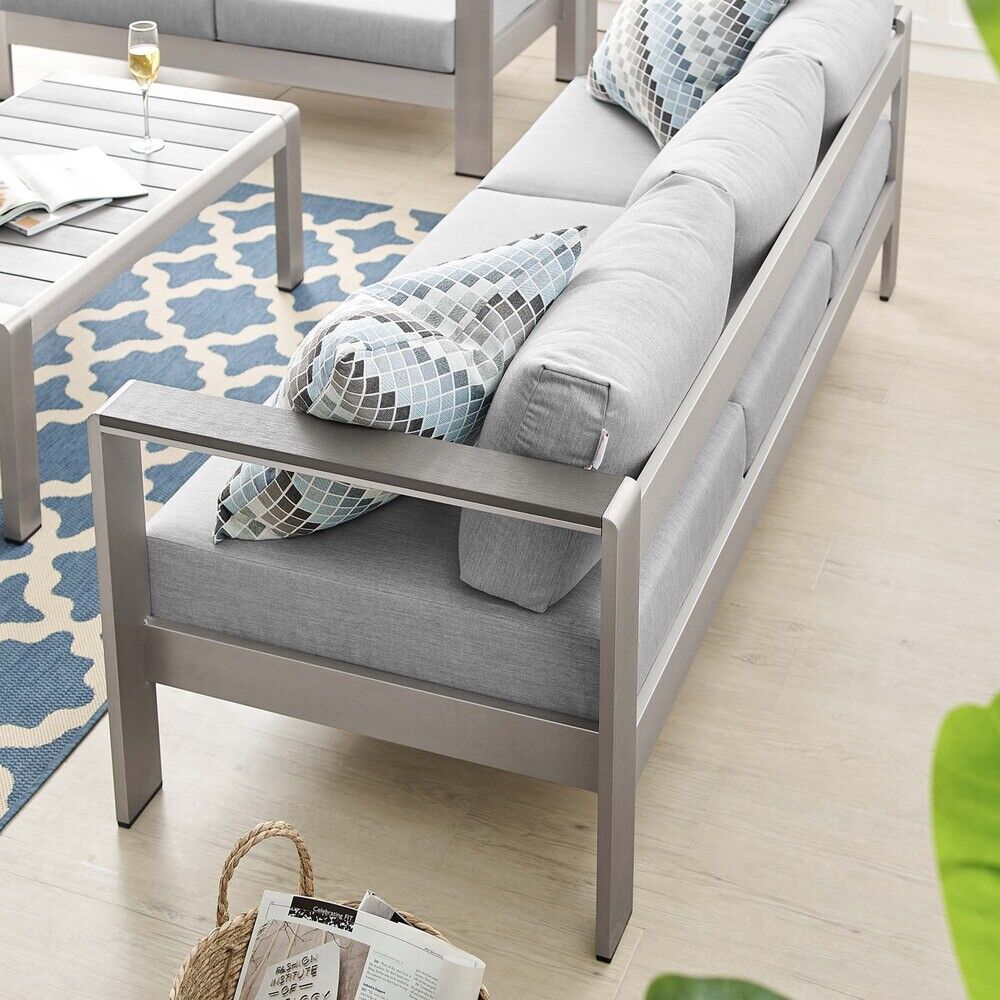 Shore Sunbrella® Fabric Aluminum Outdoor Patio Sofa in Silver Gray by Modway - Image 8
