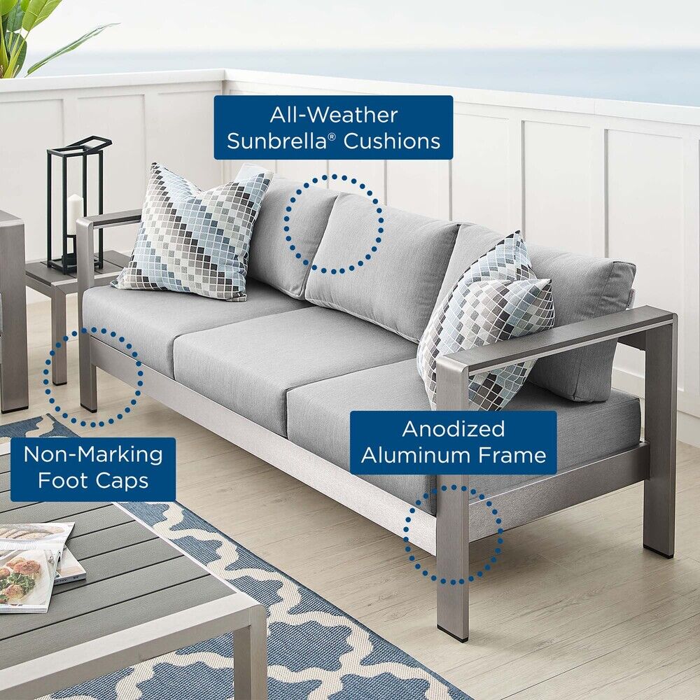 Shore Sunbrella® Fabric Aluminum Outdoor Patio Sofa in Silver Gray by Modway - Image 2