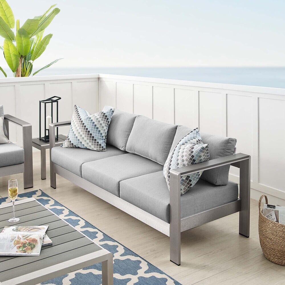 Shore Sunbrella® Fabric Aluminum Outdoor Patio Sofa in Silver Gray by Modway - Image 7