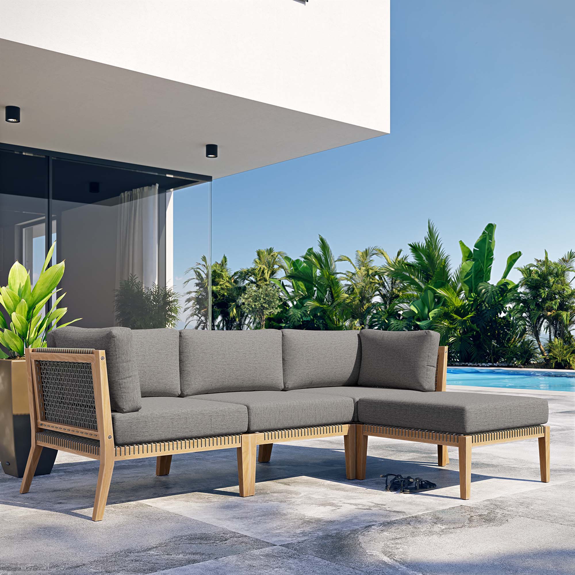 Clearwater 4-Piece Outdoor Patio Teak Wood Sectional Sofa by Modway - Image 13