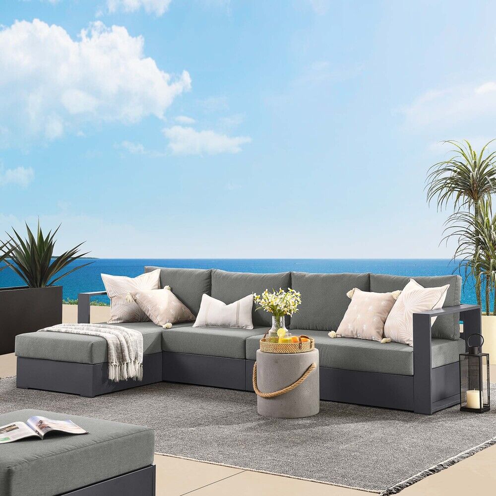 Tahoe 3-Piece Outdoor Patio Powder-Coated Aluminum Left-Facing Chaise Sectional Sofa Set in Gray Charcoal by Modway - Image 7