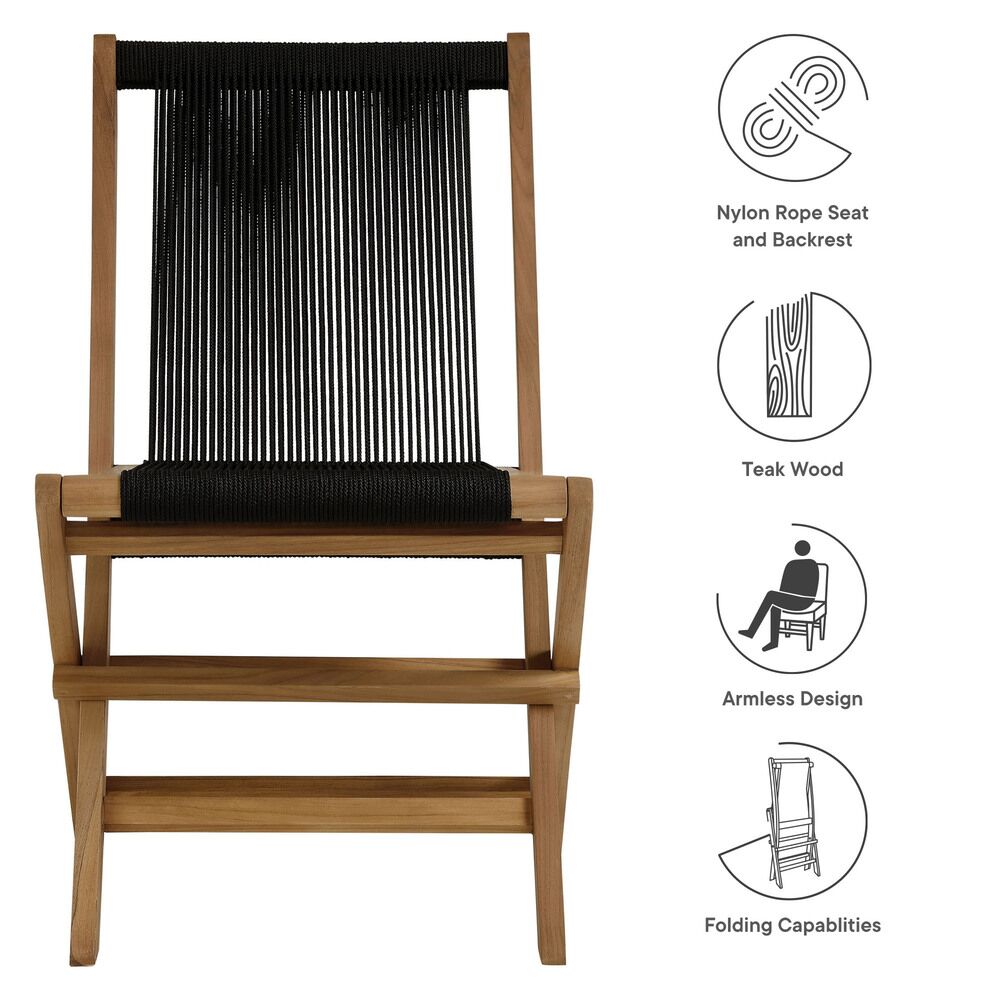 Vienna Outdoor Patio Teak and Rope Folding Chairs Set of 4 in Natural Black by Modway - Image 3