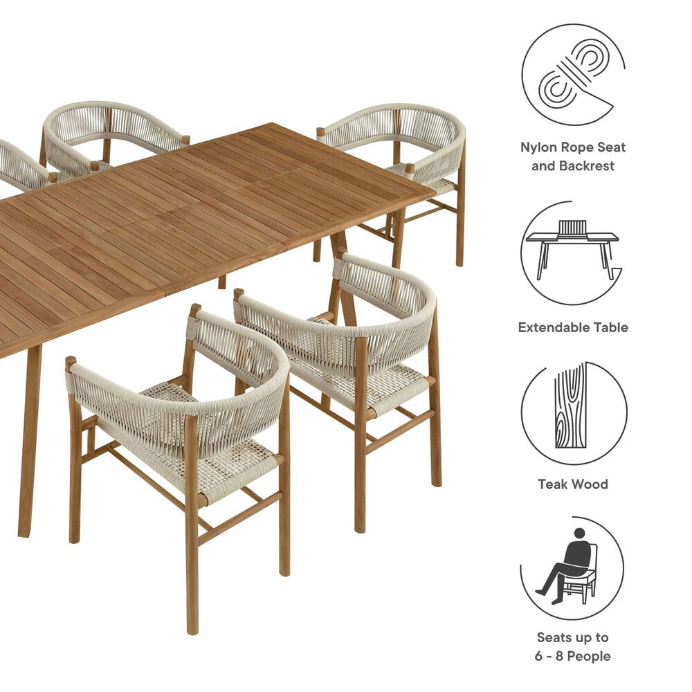 Vienna 7-Piece Outdoor Patio Teak and Rope Dining Set with Curved-Back Armchairs in Natural Natural by Modway - Image 4