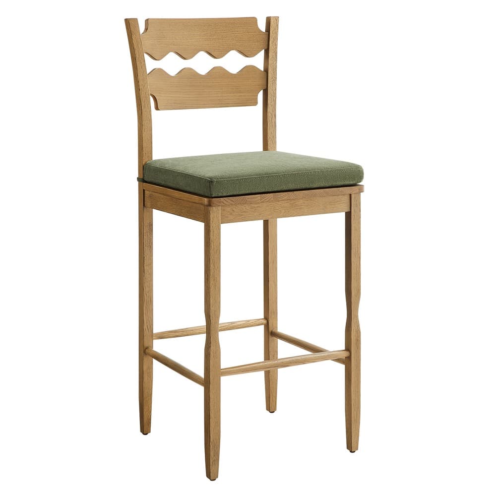 Jax Oak Wood Bar Stool With Wavy Razor Back and Cushion by Modway