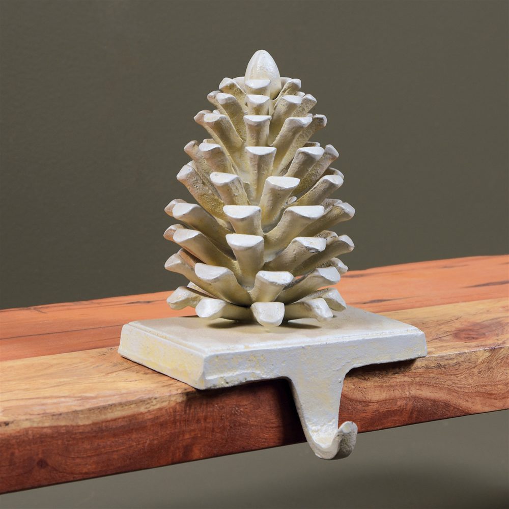 White Cast Iron Pinecone Stocking Holder by HomArt