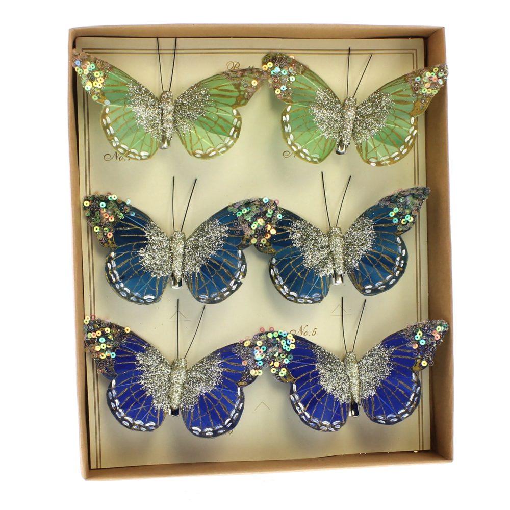 Box of 12 Assorted Green, Teal, and Cobalt Mandarin Glitter Butterflies - Image 4