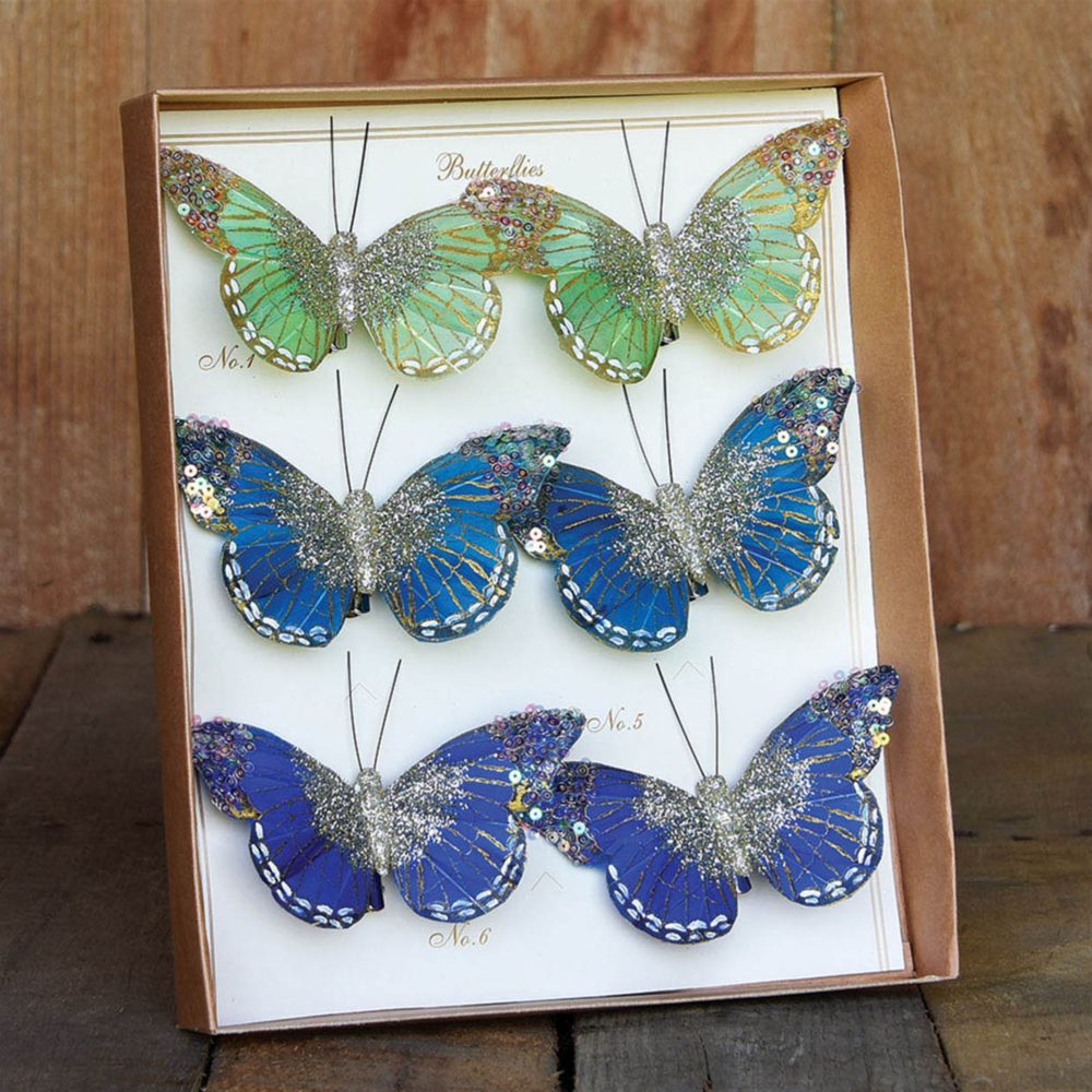 Box of 12 Assorted Green, Teal, and Cobalt Mandarin Glitter Butterflies - Image 2