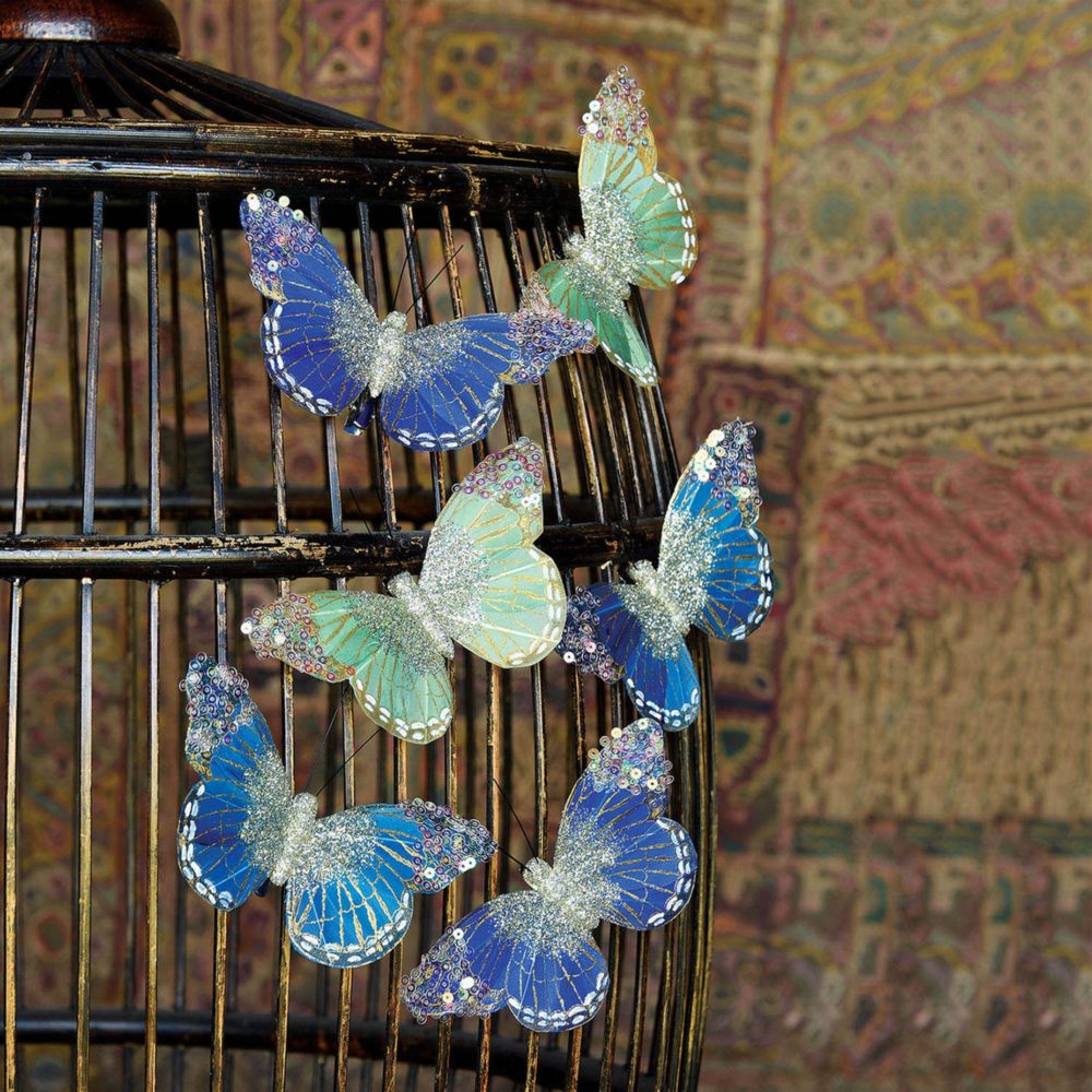 Box of 12 Assorted Green, Teal, and Cobalt Mandarin Glitter Butterflies
