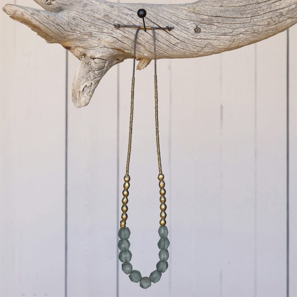Grey Seaglass and Brass Beaded Necklace by Ora Ten