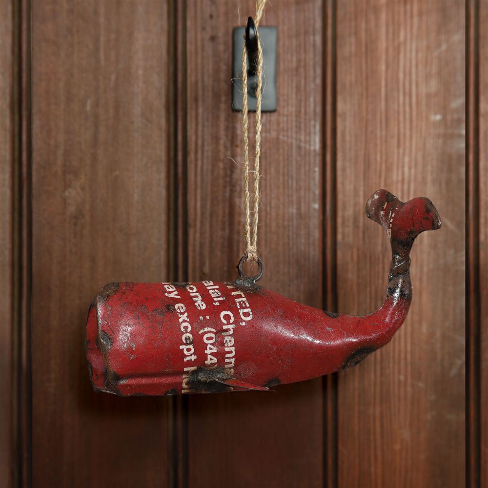 Red Reclaimed Metal Whale Ornament Set of 2 by HomArt - Image 3
