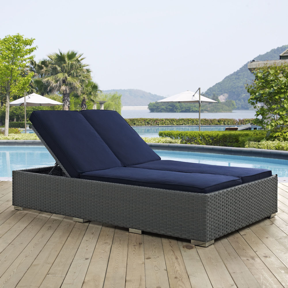 Sojourn Outdoor Patio Sunbrella Double Chaise in Chocolate Navy by Modway