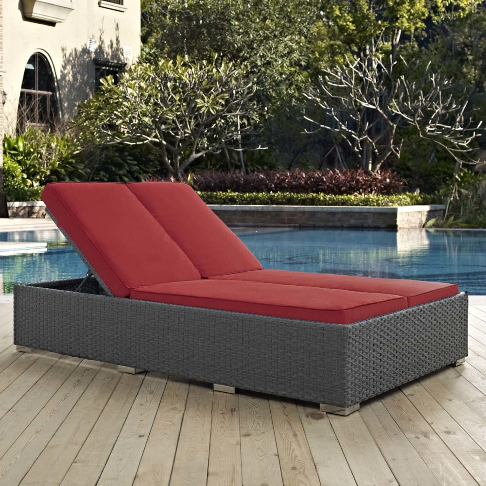 Sojourn Outdoor Patio Sunbrella Double Chaise in Chocolate Red by Modway