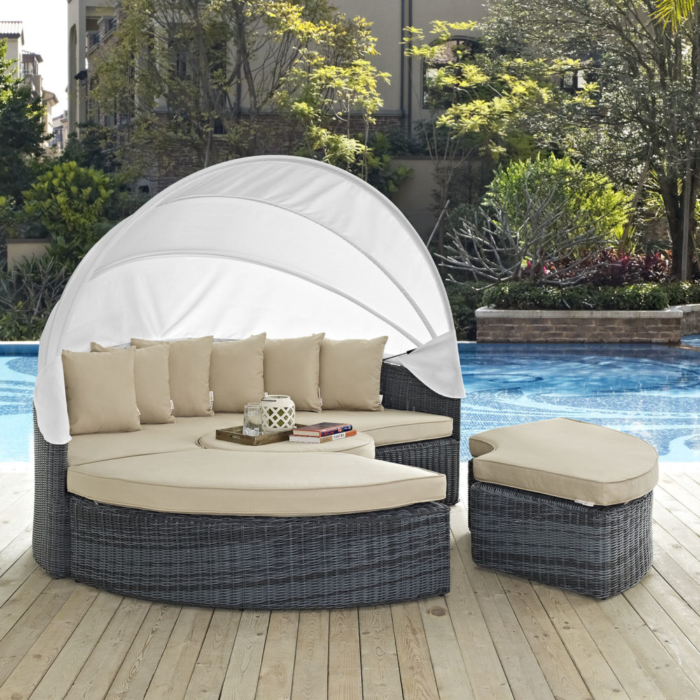 Summon Canopy Outdoor Patio Sunbrella Daybed in Canvas Beige by Modway