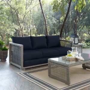 Aura Patio Wicker Rattan Sofa in Gray and Navy by Modway