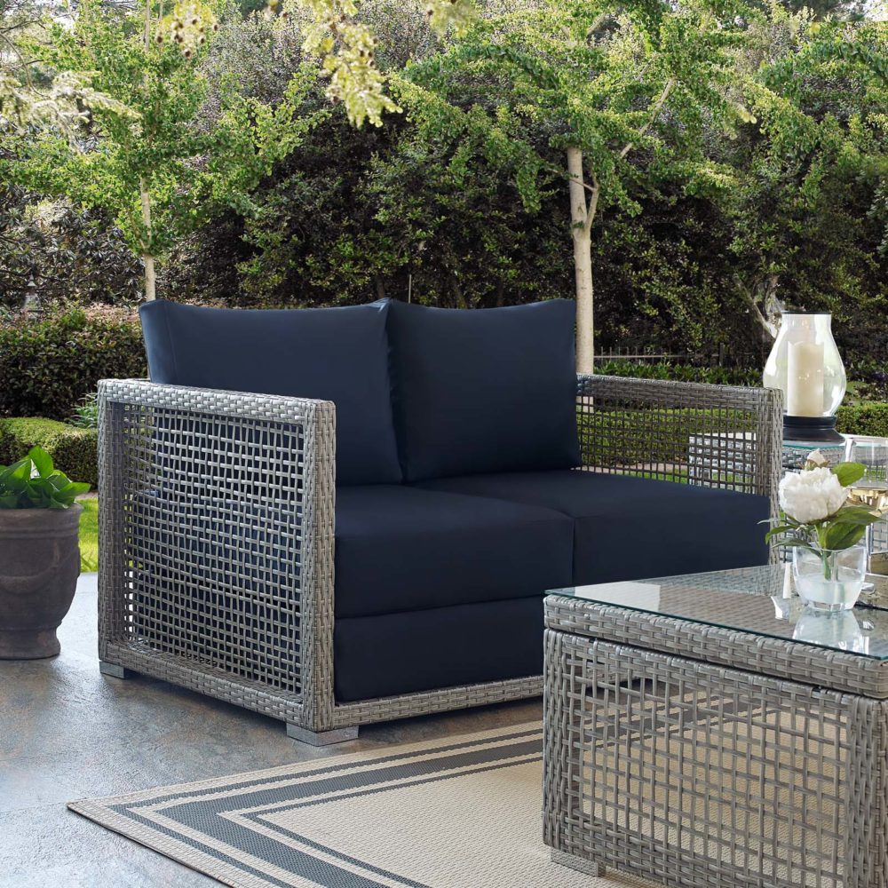 Aura Outdoor Patio Wicker Rattan Loveseat in Navy and Gray by Modway