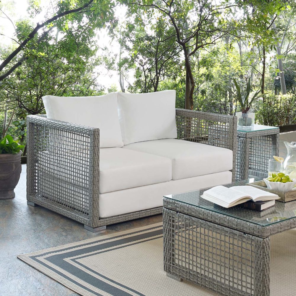 Aura Outdoor Patio Wicker Rattan Loveseat in Gray and White by Modway