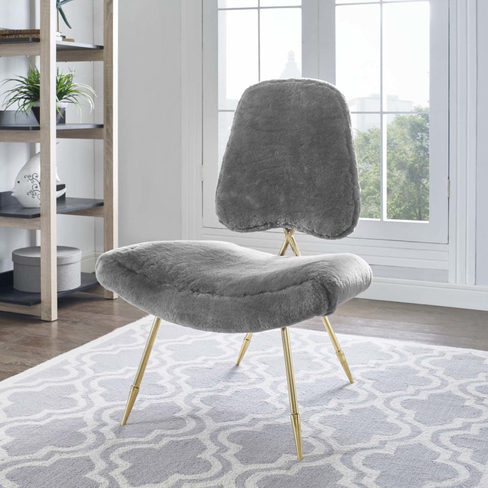 Ponder Upholstered Sheepskin Fur Lounge Chair in Gray by Modway