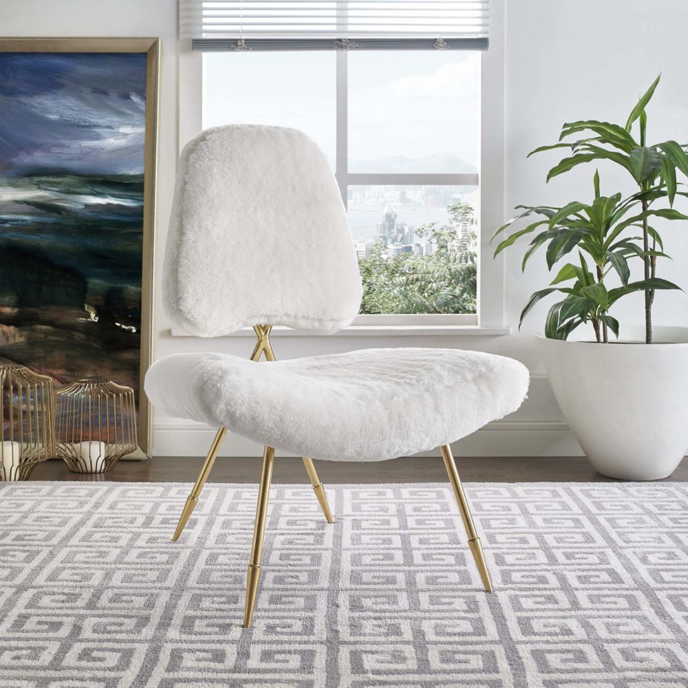 Ponder Upholstered Sheepskin Fur Lounge Chair in White by Modway