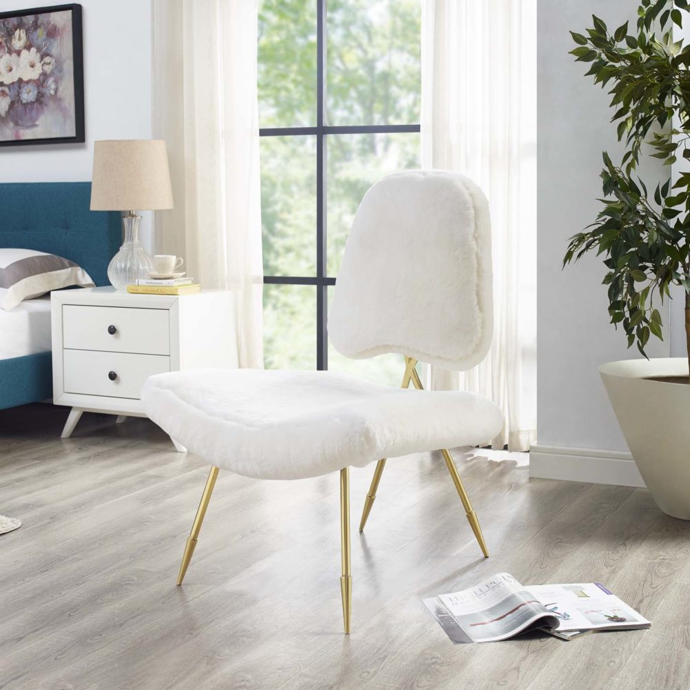 Ponder Upholstered Sheepskin Fur Lounge Chair in White by Modway - Image 5
