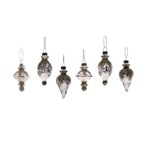 Antique Silver Glittered Glass Ornaments Set of 6 Assorted by HomArt