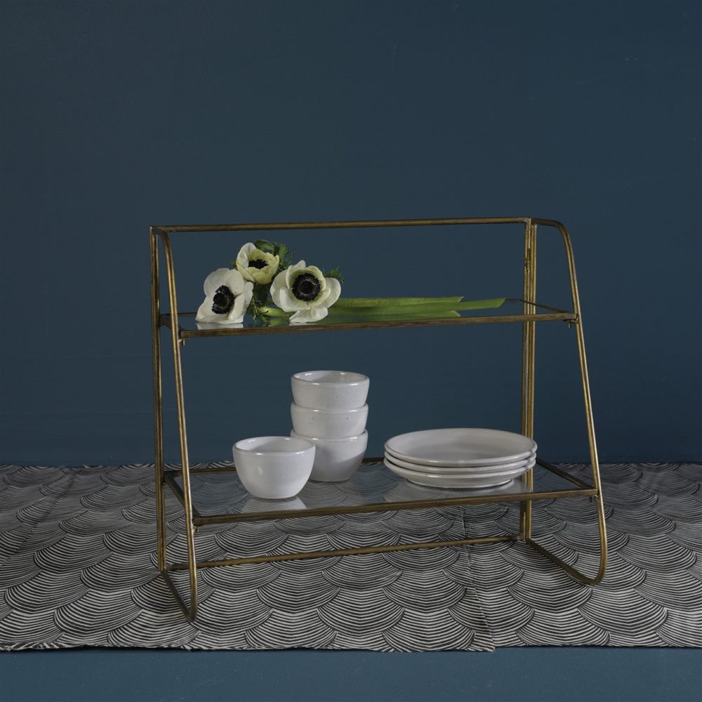 Lena 2-Tier Stand with Glass Shelves and a Brass Frame by HomArt