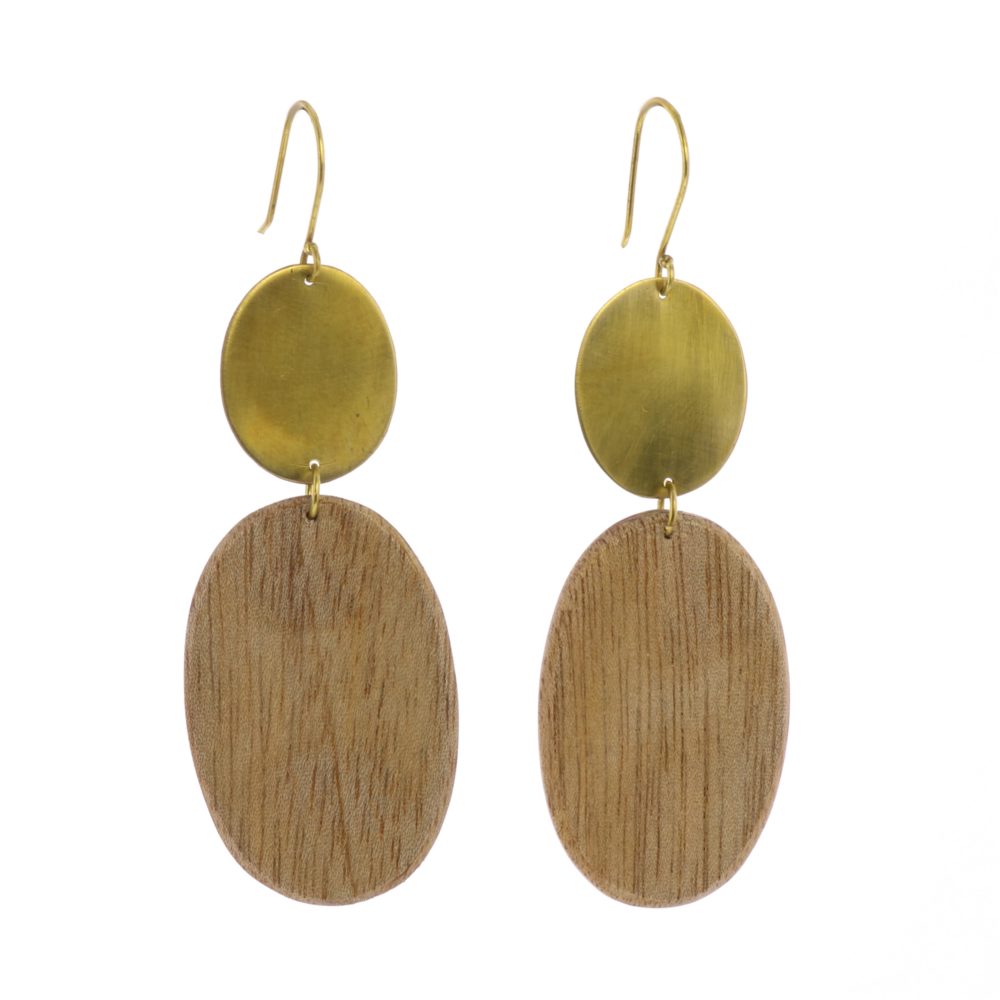 Leucadia Brass and Light Wood Oval Earrings by Ora Ten - Image 2