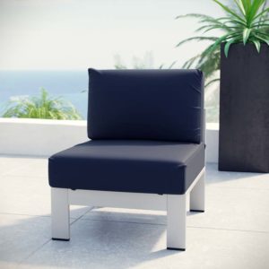 Shore Armless Outdoor Patio Aluminum Chair in Silver and Navy by Modway