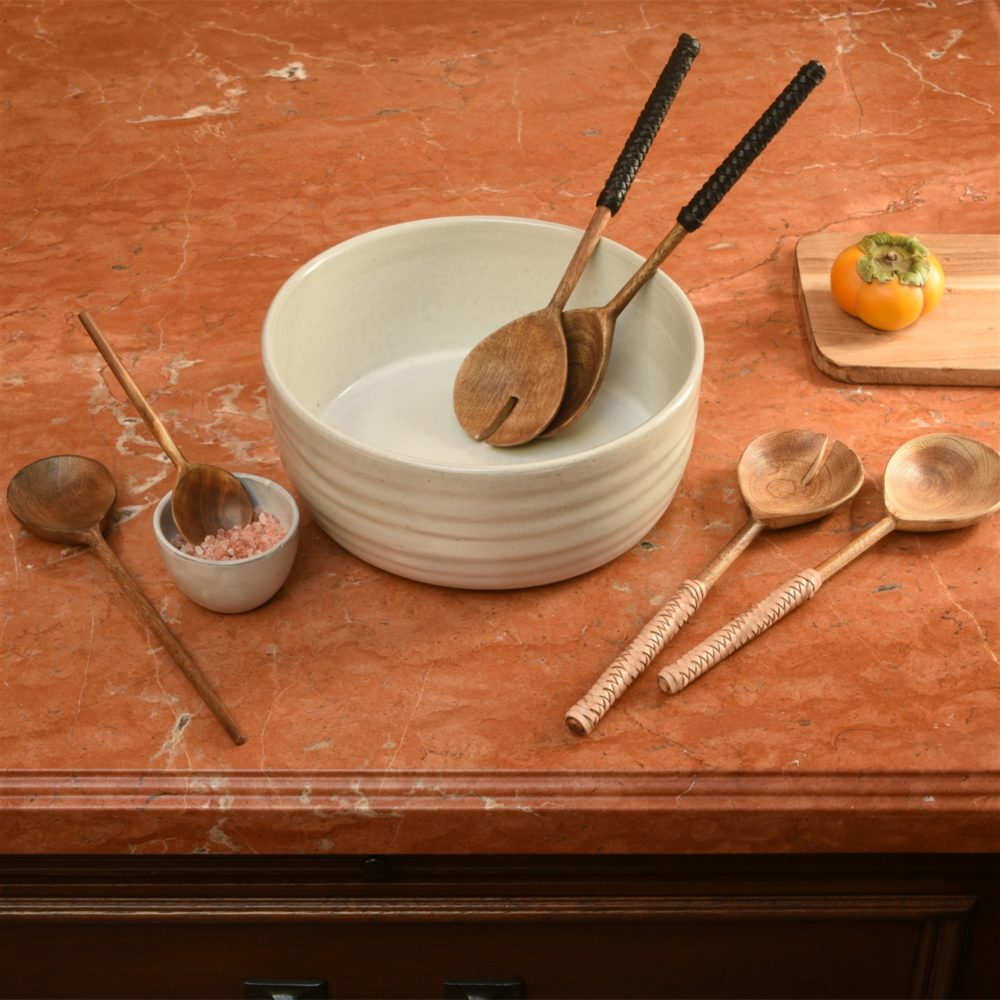 Burke Wood and Black Leather Salad Servers by HomArt - Image 2