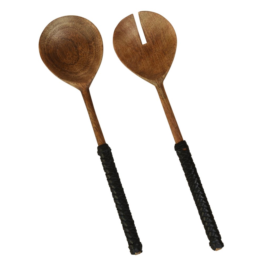 Burke Wood and Black Leather Salad Servers by HomArt