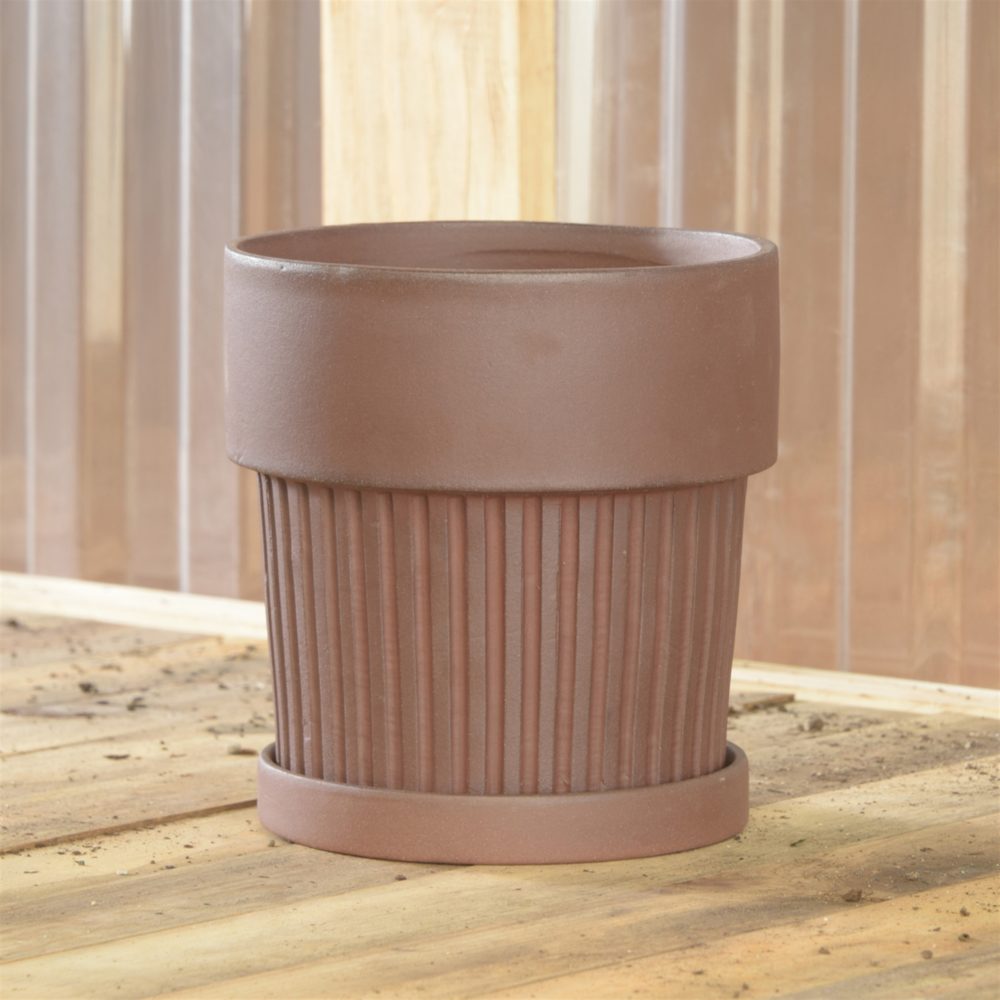 Large Brown Ribbed Clay Pot with Saucer by HomArt - Image 2
