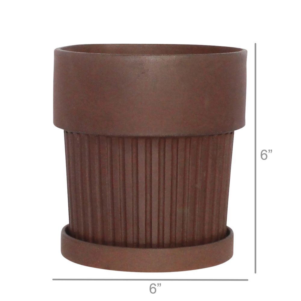 Large Brown Ribbed Clay Pot with Saucer by HomArt - Image 3