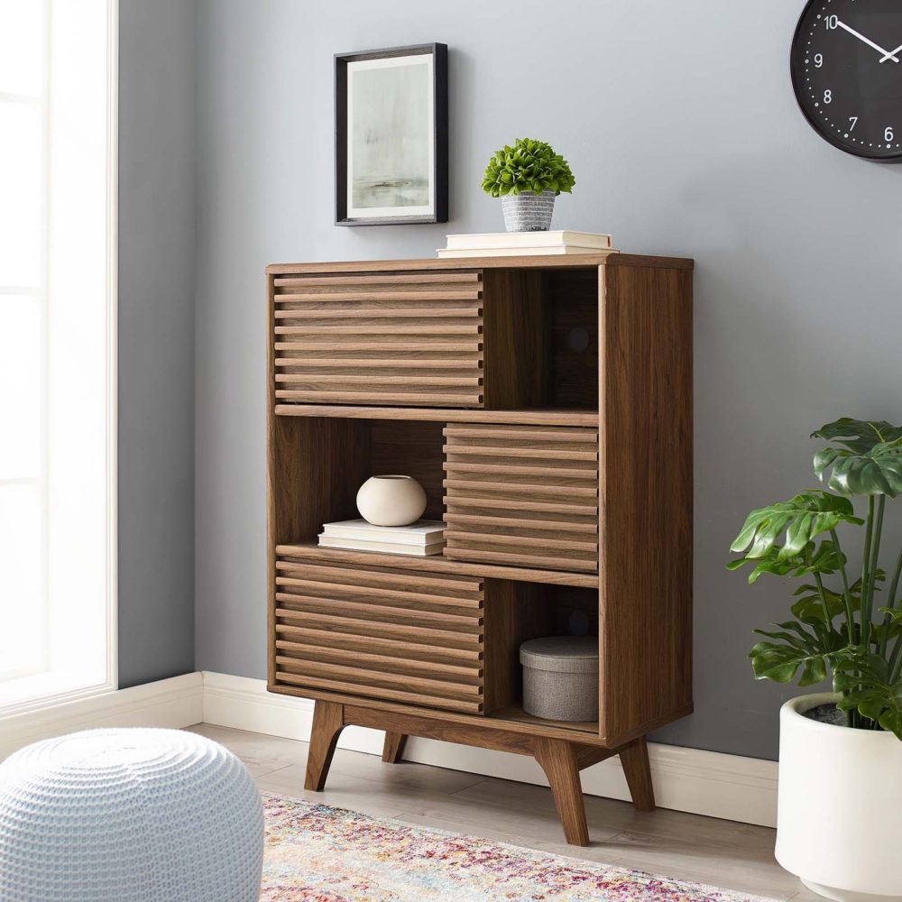 Render Three-Tier Display Storage Cabinet Stand in Walnut by Modway