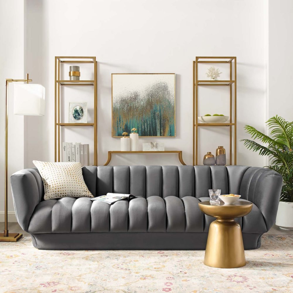 Entertain Vertical Channel Tufted Performance Velvet Sofa in Gray by Modway