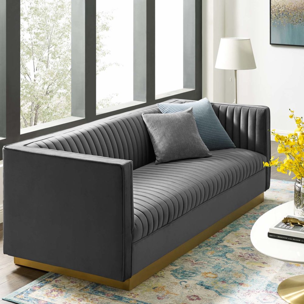 Sanguine Vertical Channel Tufted Performance Velvet Sofa in Gray by Modway
