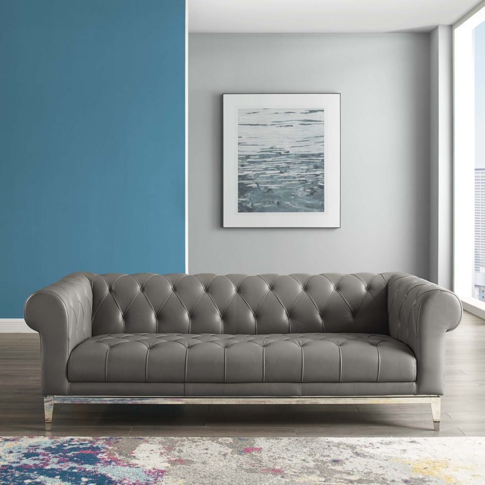 Idyll Tufted Button Upholstered Leather Chesterfield Sofa in Gray by Modway
