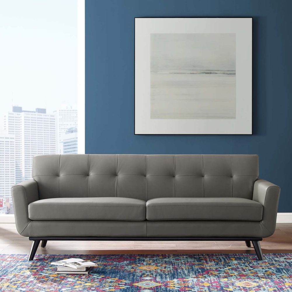 Engage Top-Grain Leather Living Room Lounge Sofa in Gray by Modway