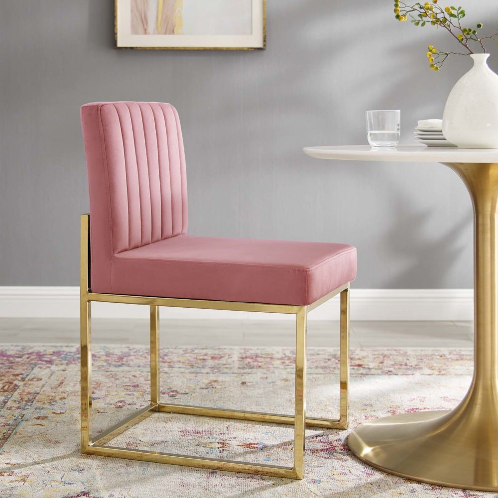 Carriage Channel Tufted Sled Base Performance Velvet Dining Chair in Dusty Rose by Modway