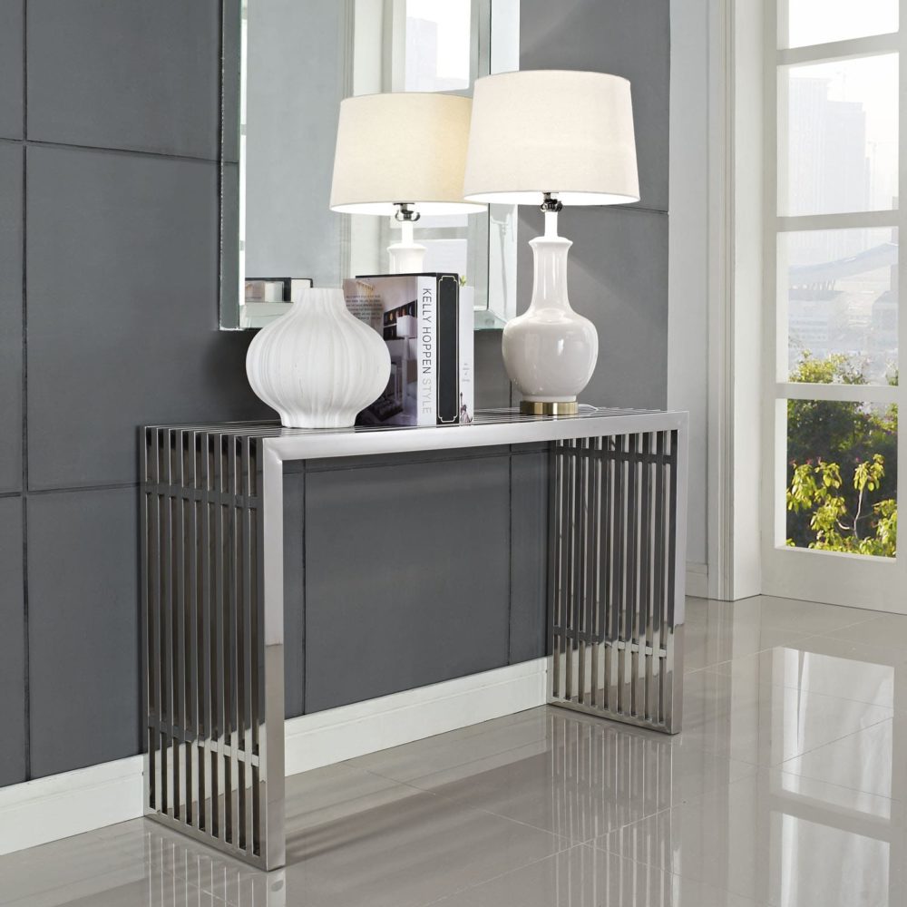 Gridiron Console Table in Silver by Modway