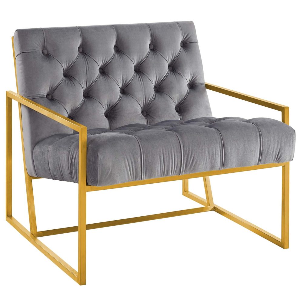 Bequest Gold Stainless Steel Performance Velvet Accent Chair in Gray by Modway - Image 3