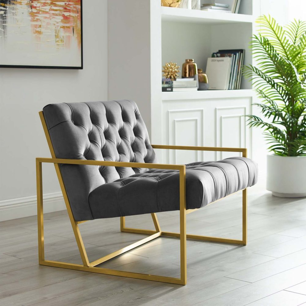 Bequest Gold Stainless Steel Performance Velvet Accent Chair in Gray by Modway