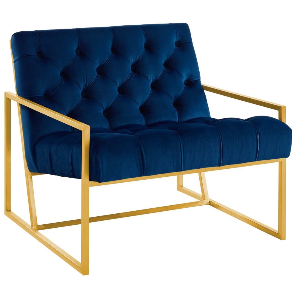 Bequest Gold Stainless Steel Performance Velvet Accent Chair in Navy by Modway - Image 3