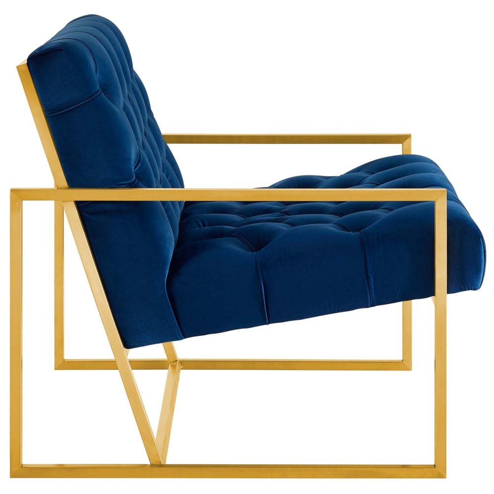 Bequest Gold Stainless Steel Performance Velvet Accent Chair in Navy by Modway - Image 4