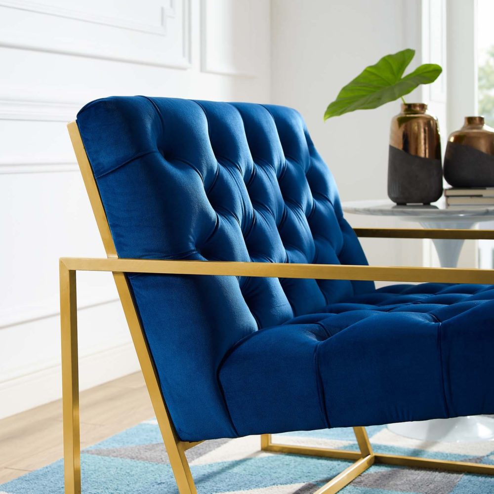 Bequest Gold Stainless Steel Performance Velvet Accent Chair in Navy by Modway - Image 2